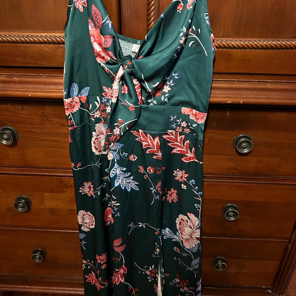 Summer satin floral green dress. Never worn. Front slit. Cut outs in front.